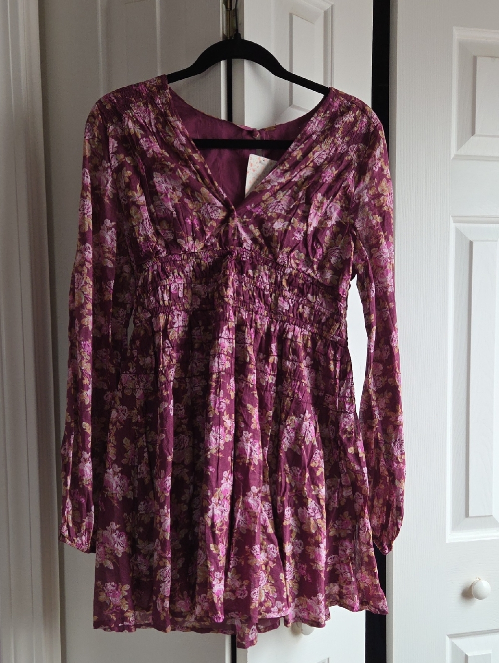 Free People Purple Floral V-Neck Long Sleeve Babydoll Dress